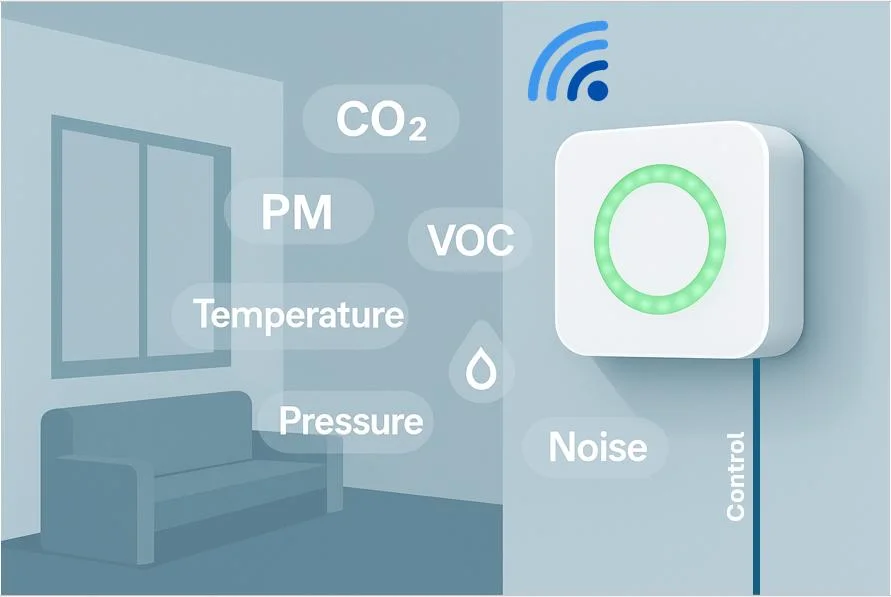 Mesure en temps réel des polluants et remontée des données : CO₂, particules, COV, bruit, température, pression.